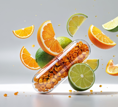 維他命 C 錠片與切片水果（橘子、檸檬、萊姆）一起漂浮的概念圖，象徵天然水果與維他命 C 補充錠的差異。