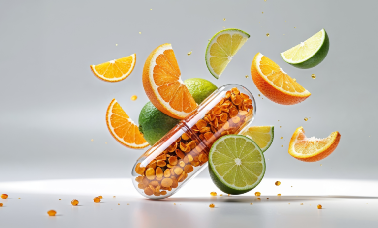 維他命 C 錠片與切片水果（橘子、檸檬、萊姆）一起漂浮的概念圖，象徵天然水果與維他命 C 補充錠的差異。