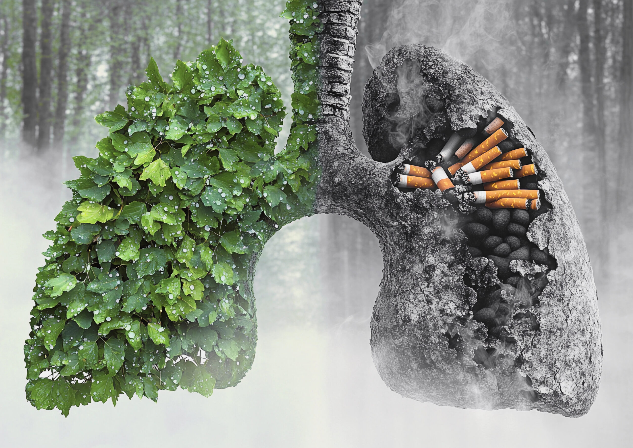 對比健康與受損肺部的圖像，左側由綠色葉片構成象徵健康肺，右側呈現因吸菸而焦黑破損的肺部，內含多支香菸。