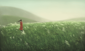 獨自在草原上面對遠方的女子，象徵走過人生低谷的靜默時刻。