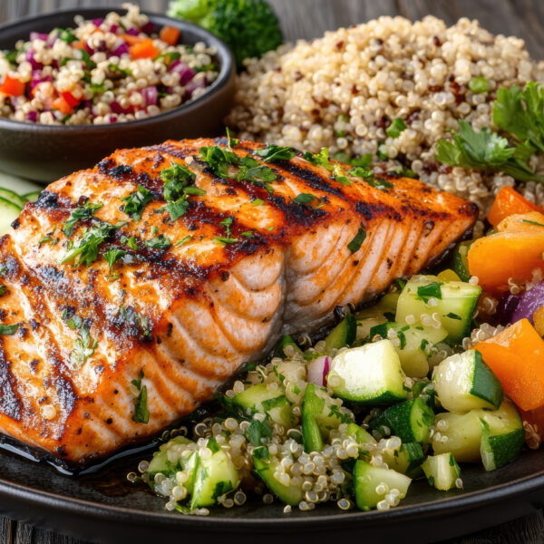 地中海型飲食鮭魚餐盤，搭配藜麥、黃綠蔬菜與小黃瓜片，提供優質蛋白質與健康脂肪