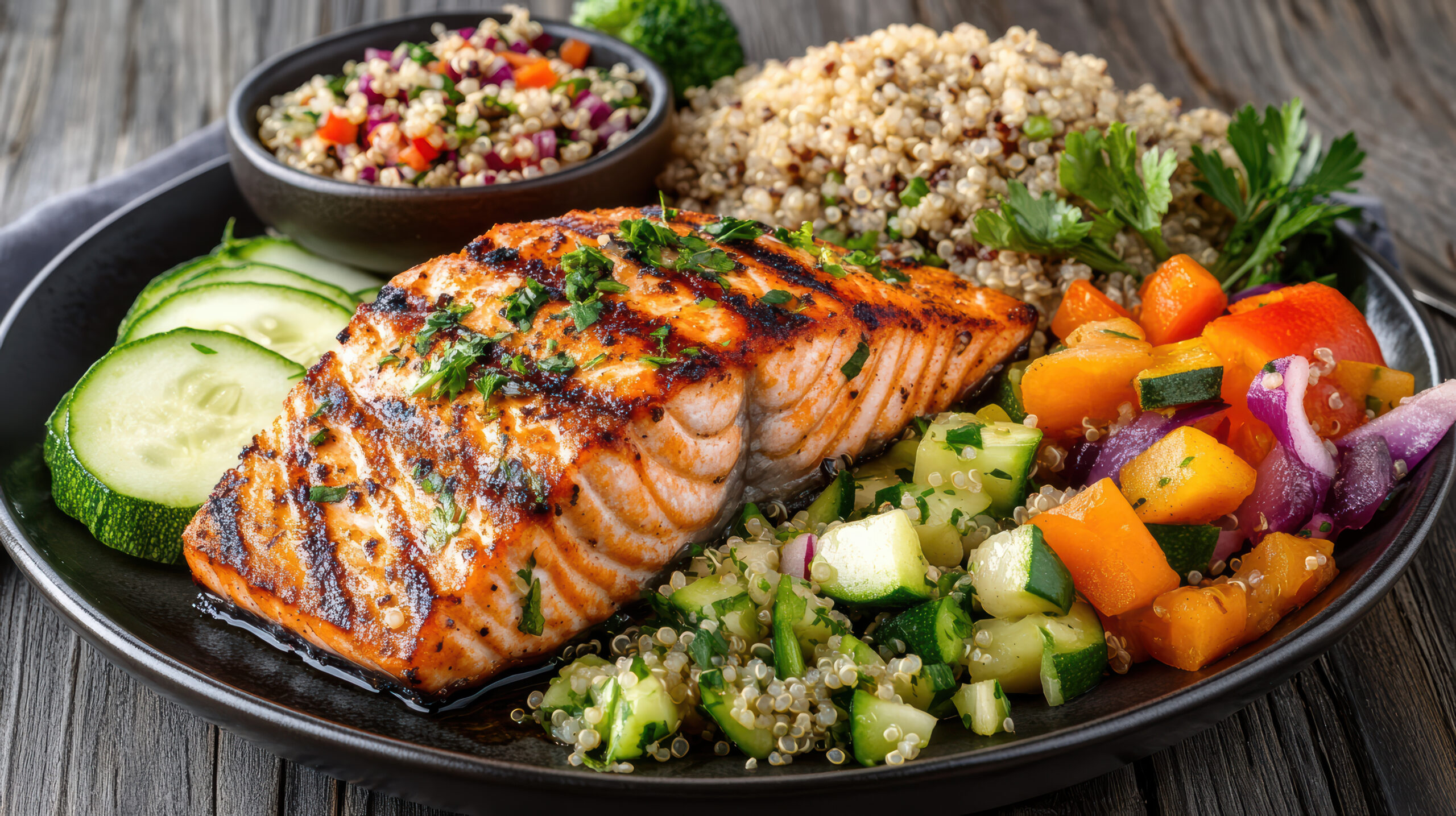 地中海型飲食鮭魚餐盤，搭配藜麥、黃綠蔬菜與小黃瓜片，提供優質蛋白質與健康脂肪