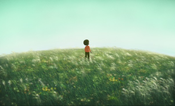 孩子獨自站在遼闊的草地上，象徵父親的話語成為人生旅途上的指引與力量