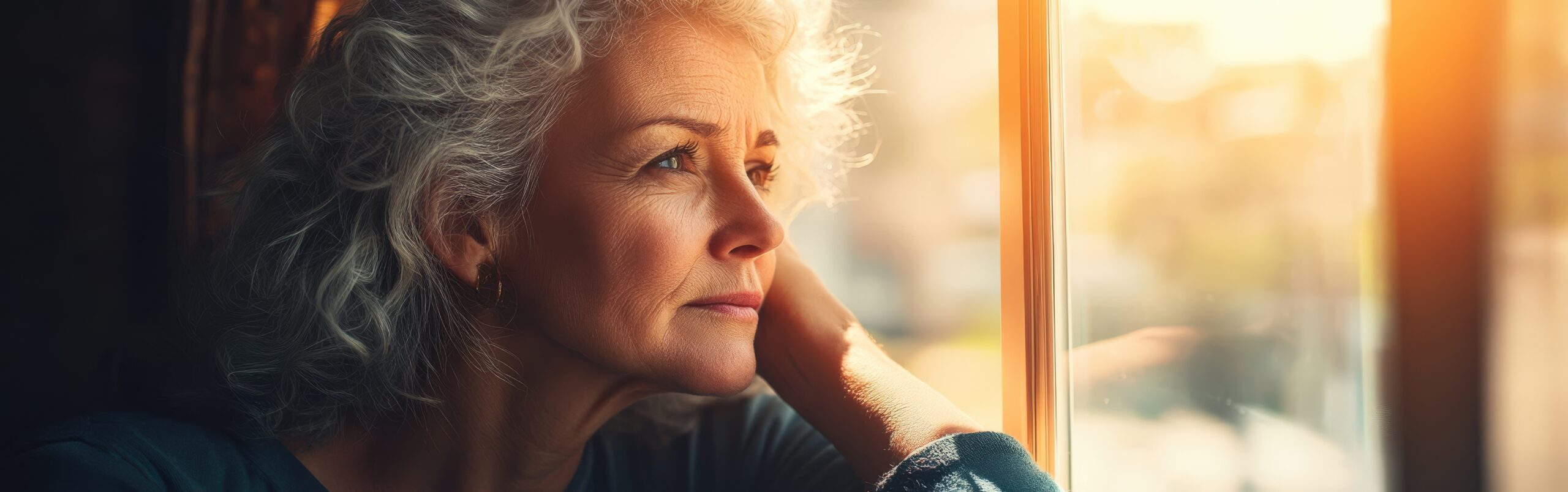 一位頭髮灰白的年長女性靜靜坐在窗邊，望向窗外，神情沉思，陽光灑落在她的臉龐，呈現出老化與內在心境交錯的情緒氛圍。
