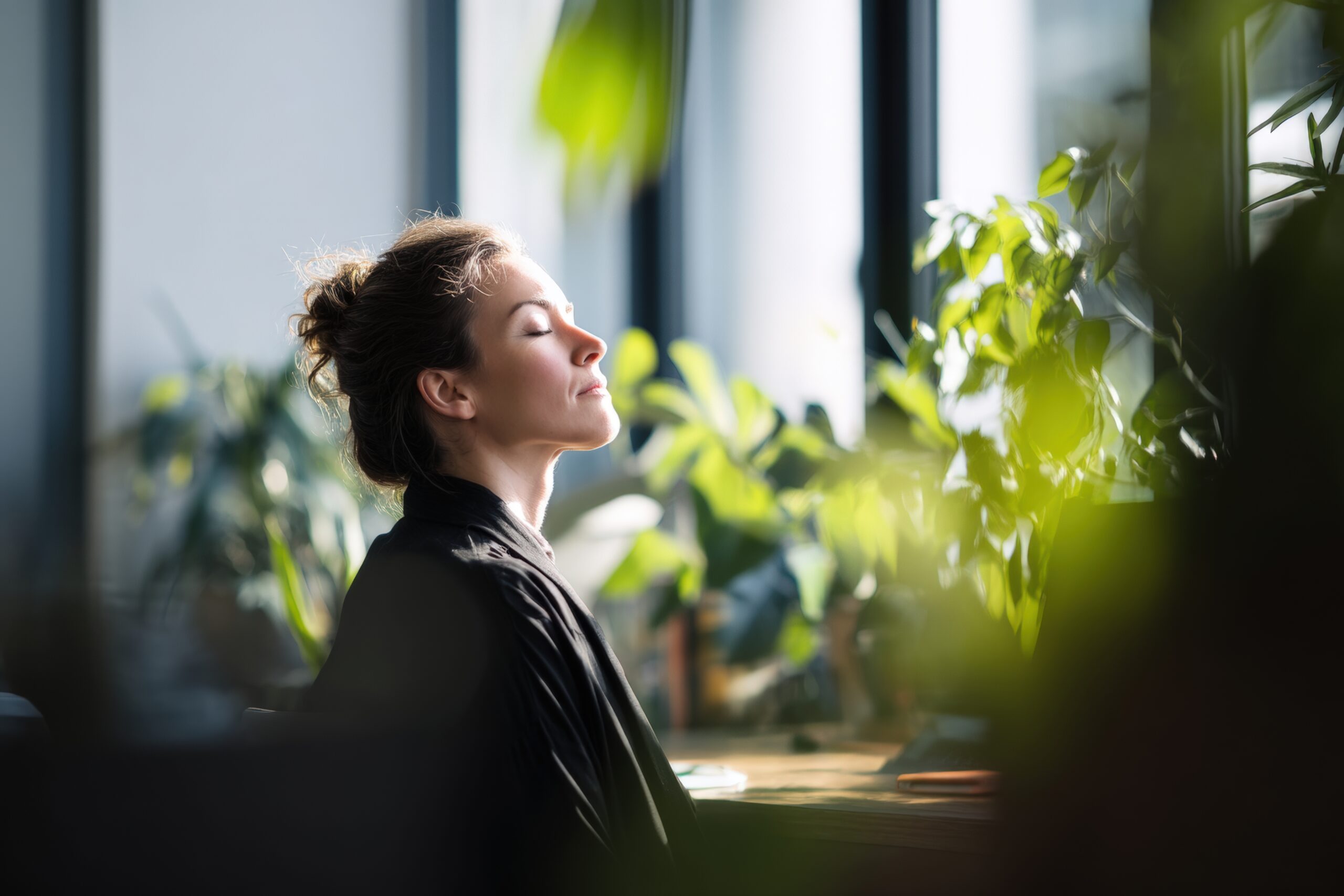 幸福來自內心的平靜 — woman smiling peacefully with eyes closed, enjoying sunlight and greenery