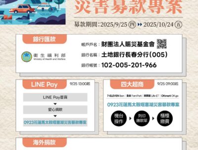 花蓮災害募款｜衛福部啟動「0923花蓮馬太鞍溪堰塞湖災害專案」