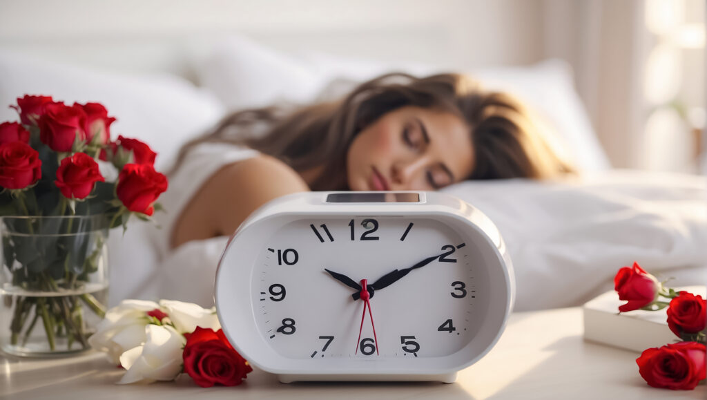 一位女性在床上安穩熟睡，床頭放著一個白色時鐘顯示早上七點，旁邊擺放著紅白玫瑰花，畫面營造出健康睡眠與寧靜氛圍。