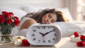 一位女性在床上安穩熟睡，床頭放著一個白色時鐘顯示早上七點，旁邊擺放著紅白玫瑰花，畫面營造出健康睡眠與寧靜氛圍。
