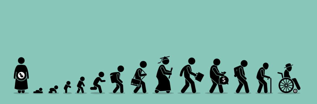 從孕期、嬰兒、兒童、成年到老年的過程，象徵生命循環與身體隨年齡變化的曲線。