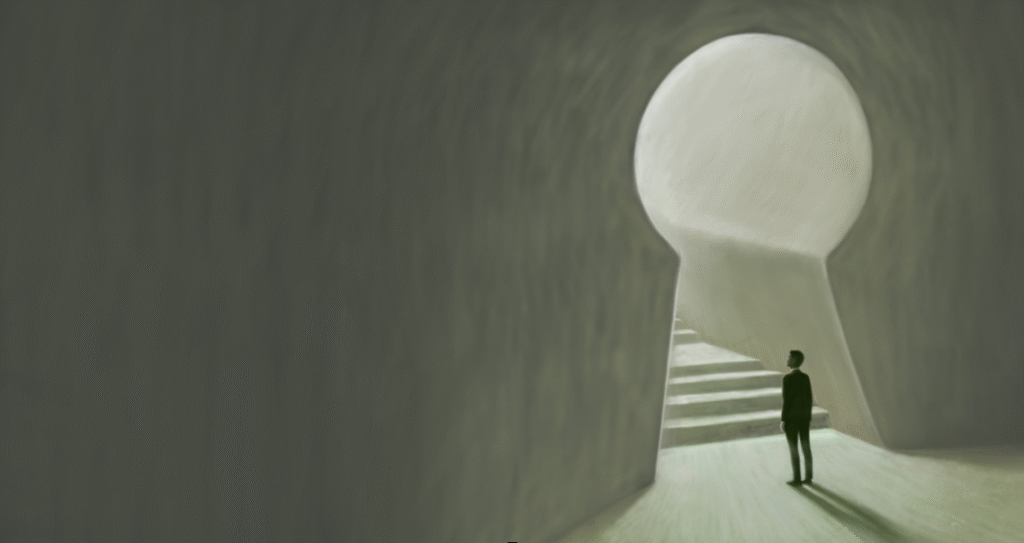 男子站在鑰匙孔形隧道底部仰望通往光亮的階梯，象徵瀕死經驗與意識探索。