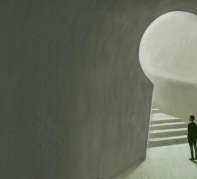 男子站在鑰匙孔形隧道底部仰望通往光亮的階梯，象徵瀕死經驗與意識探索。