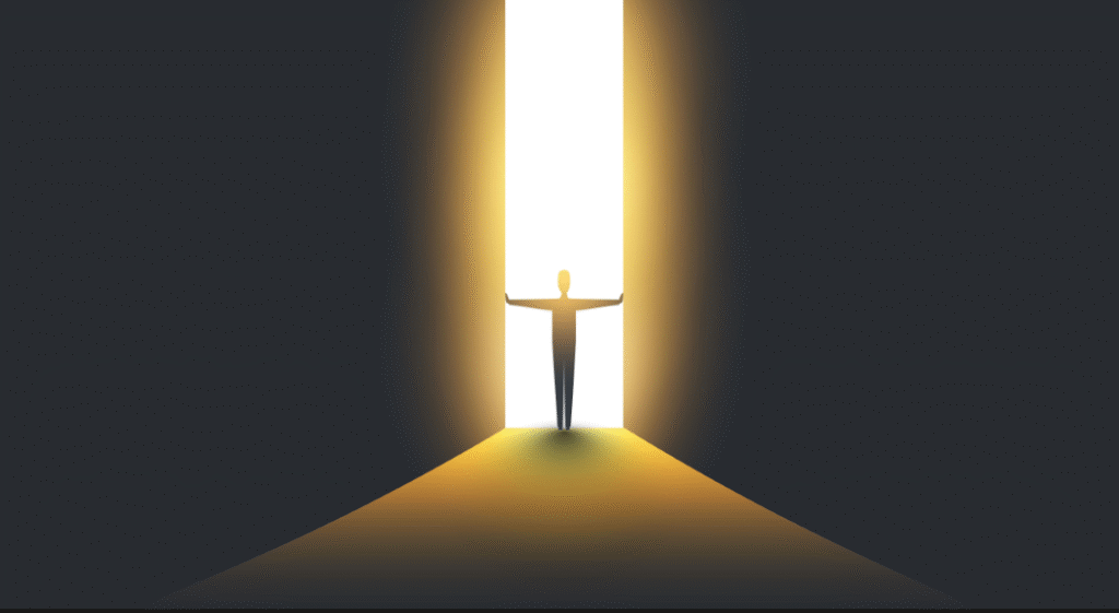 一名人影站在明亮的光門前，彷彿踏入另一個境界，象徵瀕死經驗（NDE）中常被描述的光與平靜。