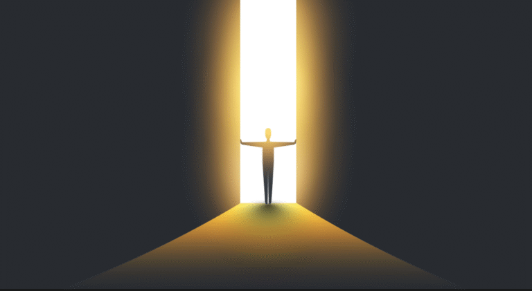 一名人影站在明亮的光門前，彷彿踏入另一個境界，象徵瀕死經驗（NDE）中常被描述的光與平靜。