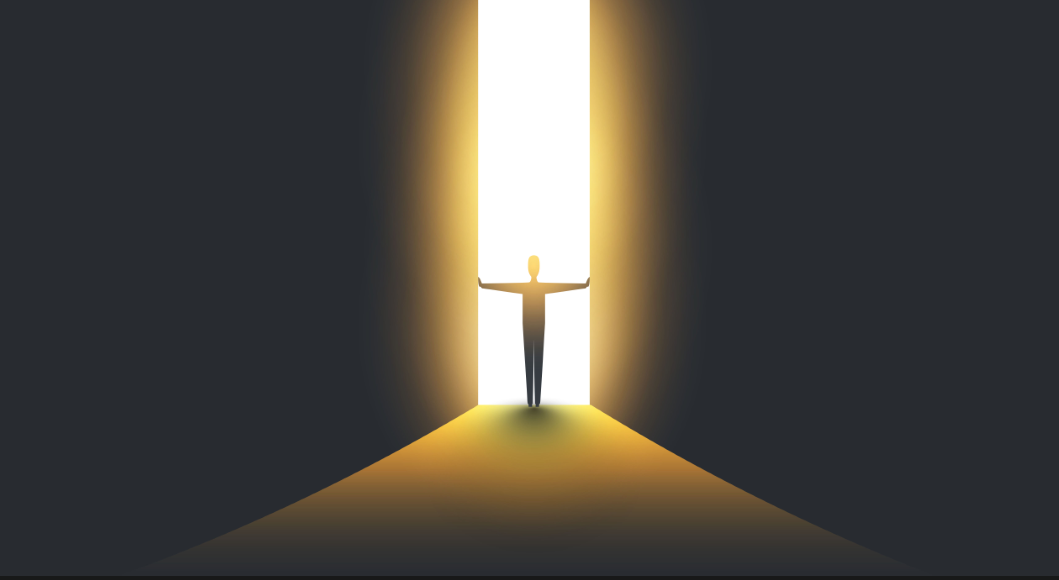一名人影站在明亮的光門前，彷彿踏入另一個境界，象徵瀕死經驗（NDE）中常被描述的光與平靜。