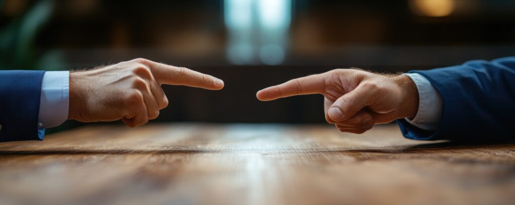 兩隻手在桌上相互指向，象徵爭執與衝突的場面，代表人們在被質疑時可能出現的防衛與冷靜反應。