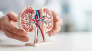 醫護人員手持腎臟立體模型，展示腎臟內部血管與過濾構造，用於說明腎臟如何運作與維持身體代謝功能。