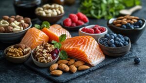 富含 Omega-3 的鮭魚、莓果、堅果與橄欖油，代表 MIND 飲食中有助於維護大腦健康、降低腦霧與認知退化風險的補腦食物