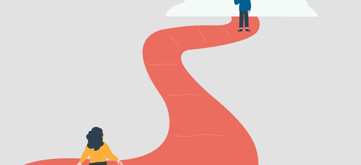 插畫呈現兩個人各自站在彎曲的人生道路上，象徵關係中的陪伴、界線與成長