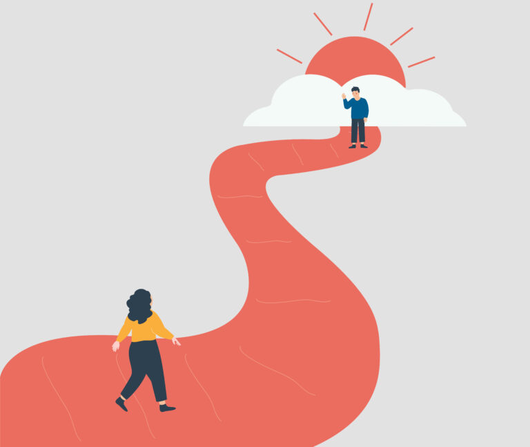 插畫呈現兩個人各自站在彎曲的人生道路上，象徵關係中的陪伴、界線與成長