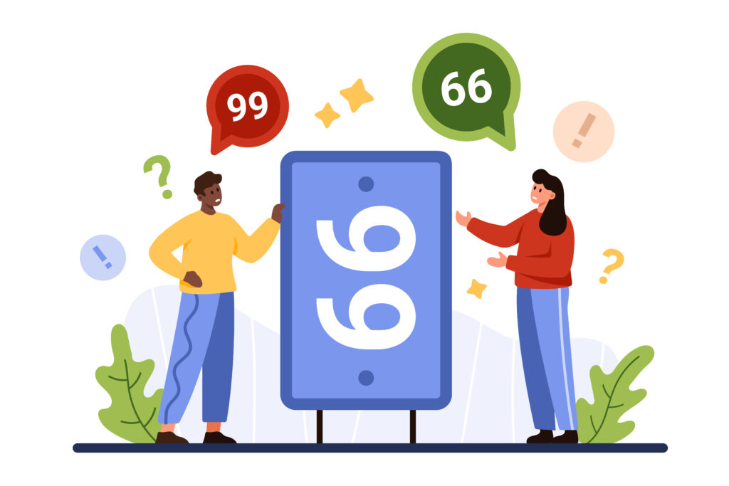 兩個人站在同一個物體的不同位置,一個看見 66,另一個看見 99,象徵因視角不同而產生的不同理解。