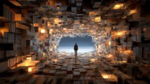 一名站在被大量資訊包圍的抽象空間中的人，象徵在科技與社群媒體時代，個人面對被放大的言語影響力與判斷選擇。