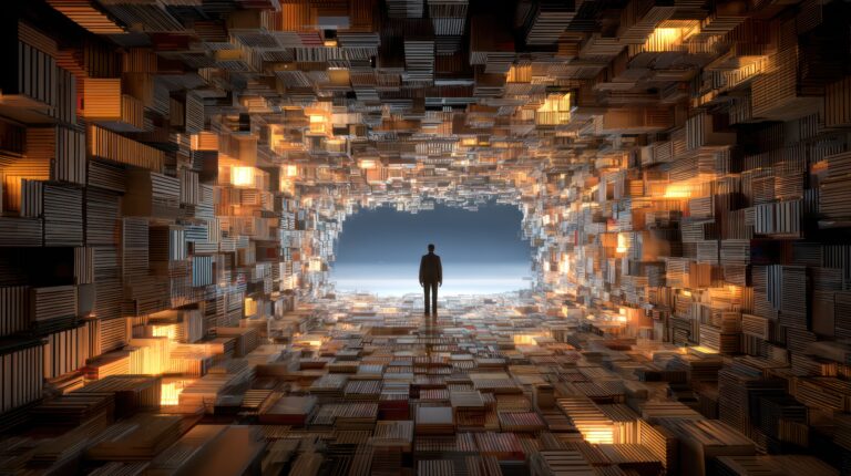 一名站在被大量資訊包圍的抽象空間中的人，象徵在科技與社群媒體時代，個人面對被放大的言語影響力與判斷選擇。