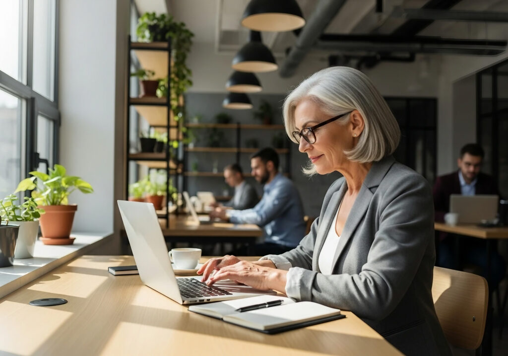 中高齡女性在共享工作空間中使用筆電工作，象徵中高齡再就業與職涯調整的實際情境