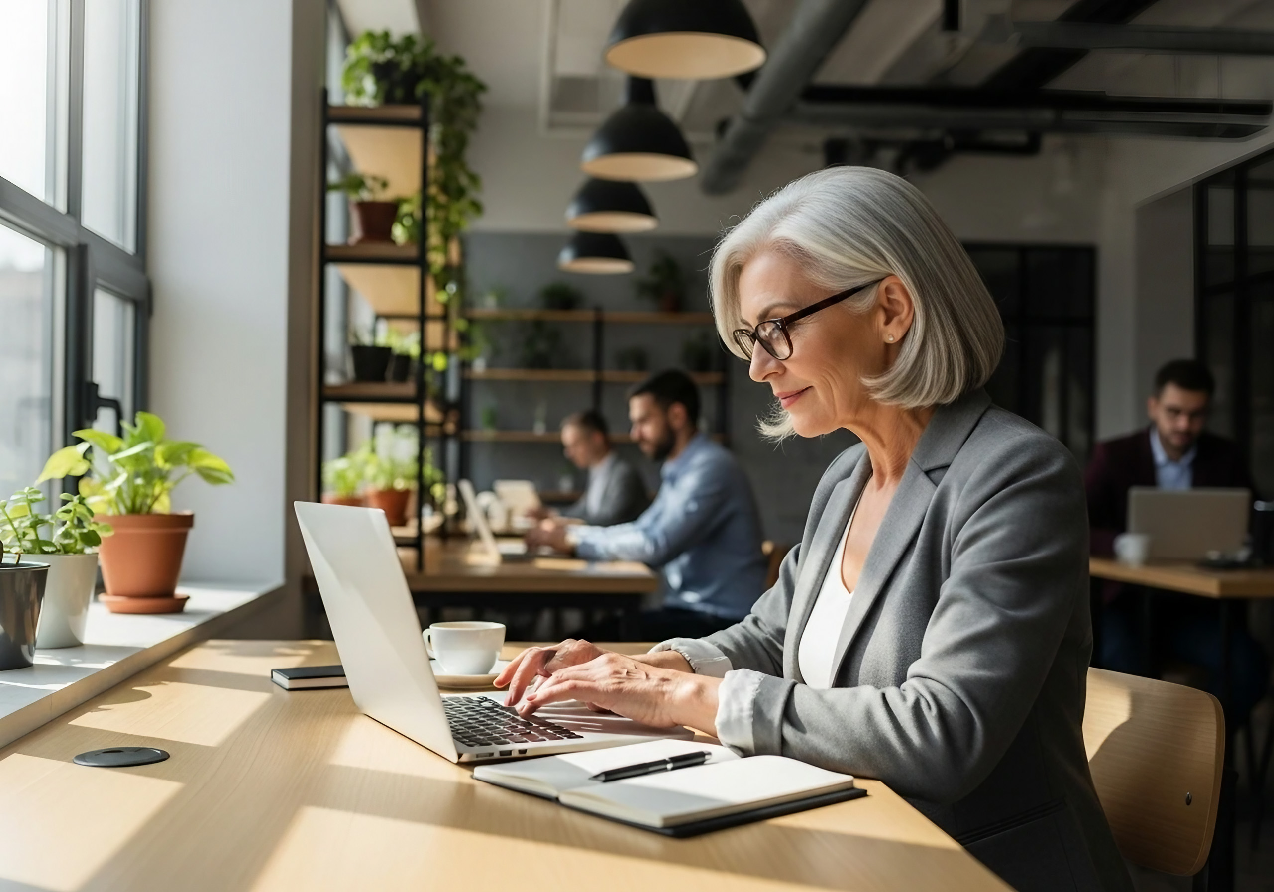 中高齡女性在共享工作空間中使用筆電工作，象徵中高齡再就業與職涯調整的實際情境