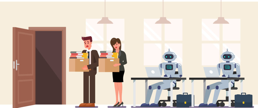 人類員工離開辦公室，而機器人坐在辦公桌前工作，象徵科技進步下職場結構的轉變。