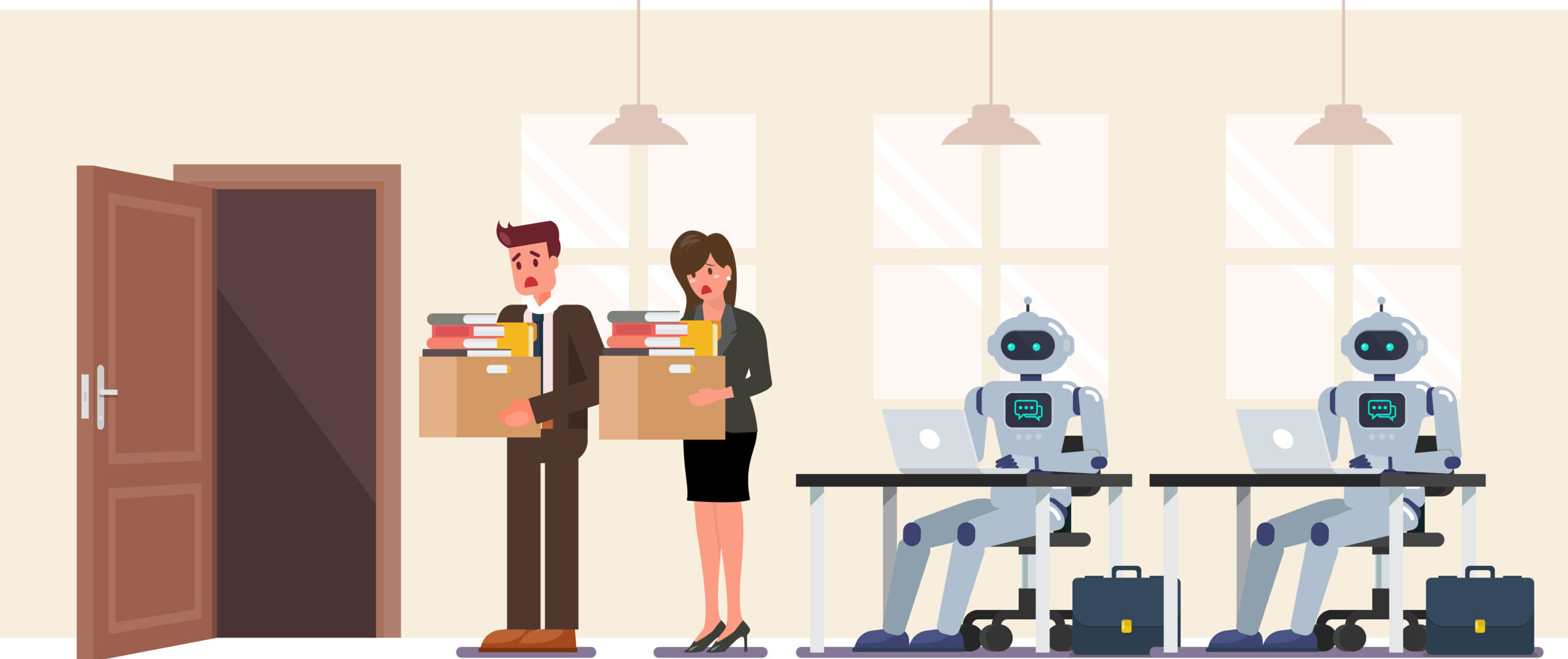 人類員工離開辦公室，而機器人坐在辦公桌前工作，象徵科技進步下職場結構的轉變。