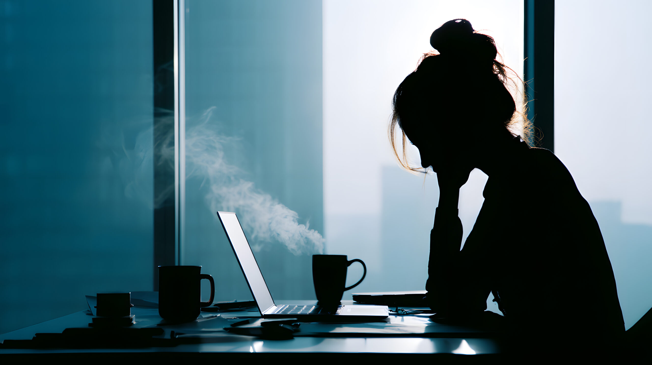 一位女性坐在筆電前沉思，臉部隱沒在陰影中，桌上有熱騰騰的咖啡，窗外光線灑入，氣氛沈靜而焦慮。