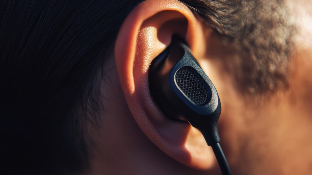 近距離拍攝一名使用者佩戴入耳式耳機的畫面，耳機貼合耳部皮膚。