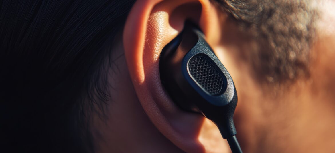 近距離拍攝一名使用者佩戴入耳式耳機的畫面,耳機貼合耳部皮膚。