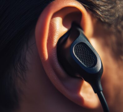 近距離拍攝一名使用者佩戴入耳式耳機的畫面,耳機貼合耳部皮膚。