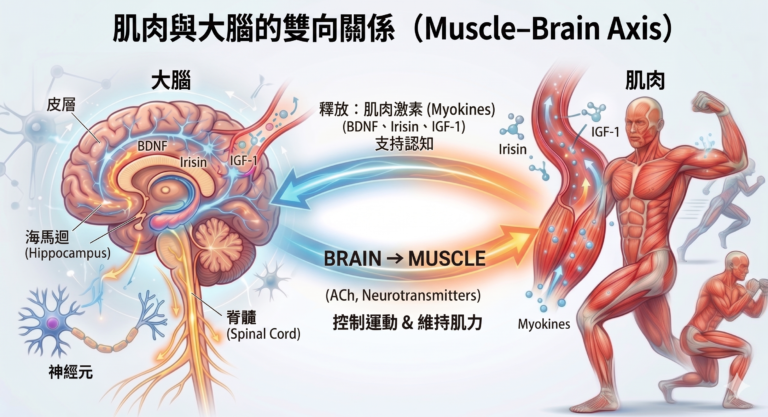 肌肉大腦軸雙向生理溝通圖解：肌肉激素與神經訊號如何預防大腦萎縮