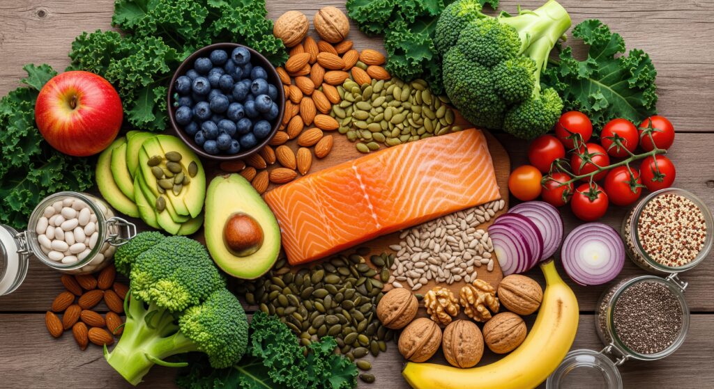 鮭魚、綠色蔬菜、藍莓、堅果與全穀類等天然食材，屬於較有助於降低膳食發炎指數（DII）的飲食類型