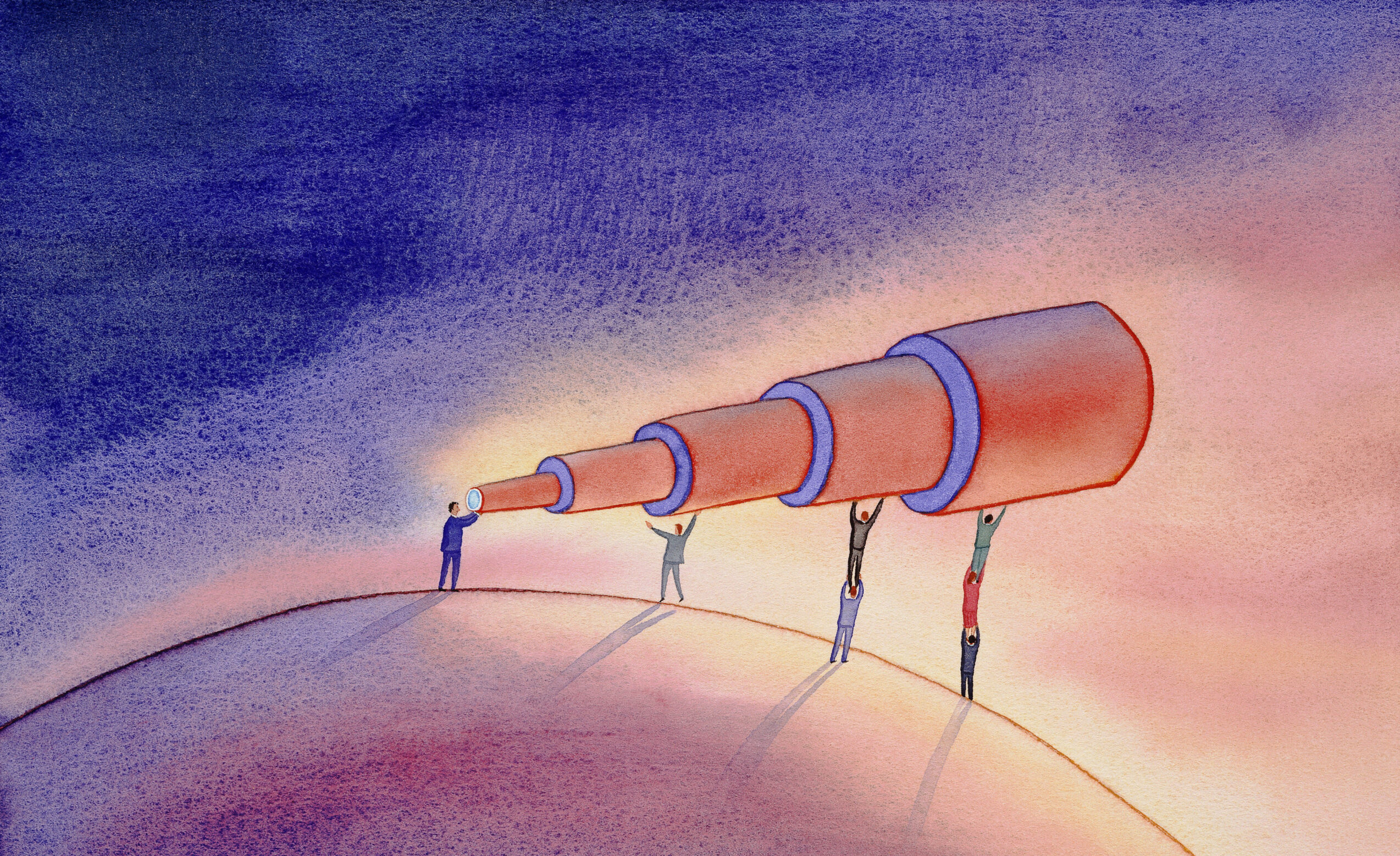 一群人合力舉起望遠鏡，讓一個人望向遠方的天空，象徵突破他人標準、看見更廣闊的人生視野。