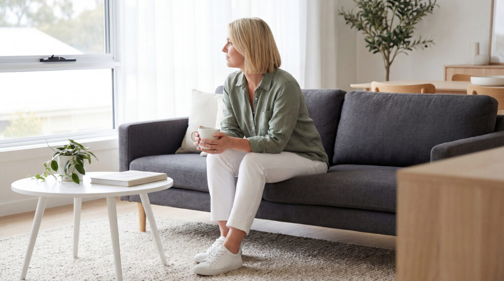 成熟女性坐在客廳沙發上,手持咖啡杯望向窗外,在自然光下安靜獨處