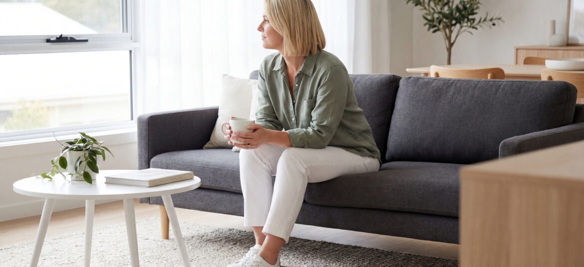 成熟女性坐在客廳沙發上,手持咖啡杯望向窗外,在自然光下安靜獨處