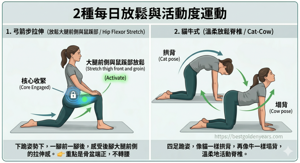 弓箭步拉伸、貓牛式