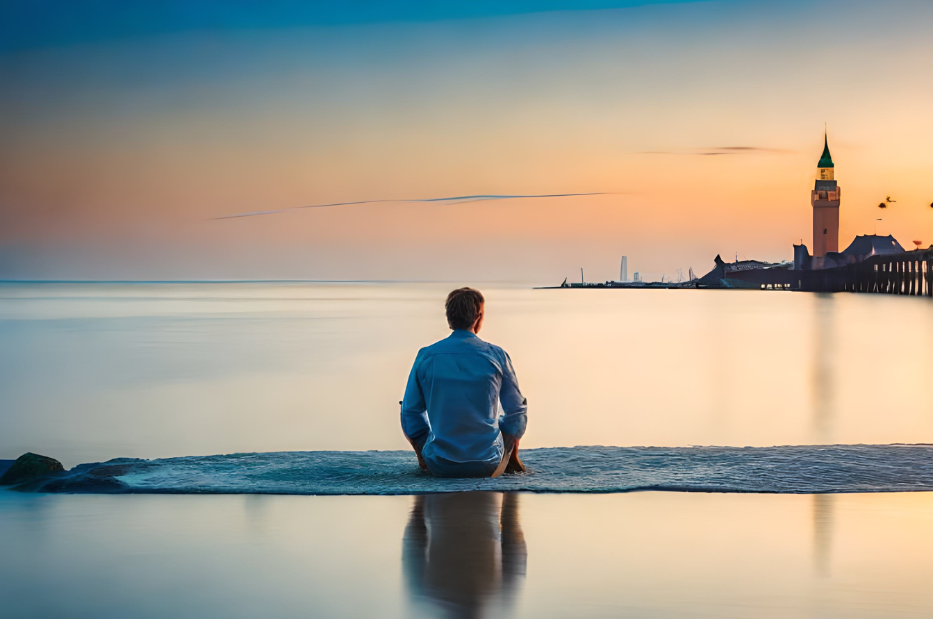 一名男子坐在海邊望向遠方的夕陽，象徵在忙碌生活中停下腳步，開始思考人生的方向與意義