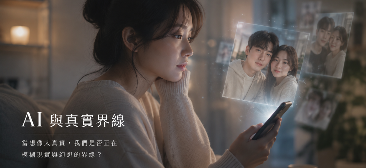一名女子觀看手機中 AI 生成的虛擬合照,象徵 AI 影像生成可能模糊想像與真實的界線