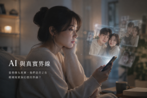一名女子觀看手機中 AI 生成的虛擬合照,象徵 AI 影像生成可能模糊想像與真實的界線