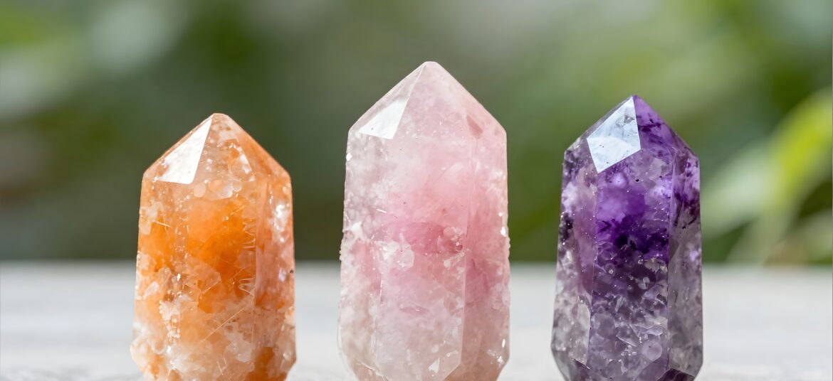 不同顏色的水晶（紫水晶、粉水晶、黃水晶）放置在簡約背景上
