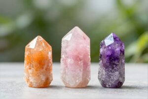 不同顏色的水晶（紫水晶、粉水晶、黃水晶）放置在簡約背景上