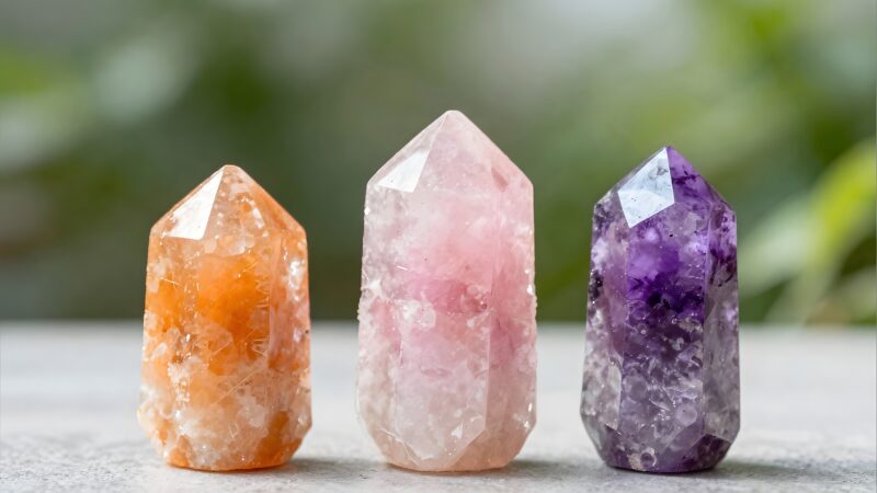 不同顏色的水晶（紫水晶、粉水晶、黃水晶）放置在簡約背景上